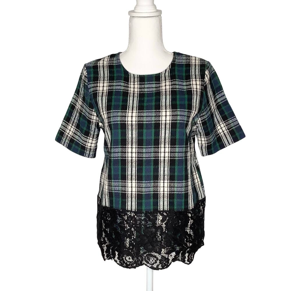 Essentiel Antwerp Green Black Blue Plaid Lace Short Sleeve Blouse Top 36 / 6